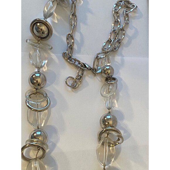 Vintage Chicos Clear & Silver Beaded Necklace With Chunky Chain & Orb Accents 36 - Picture 6 of 8